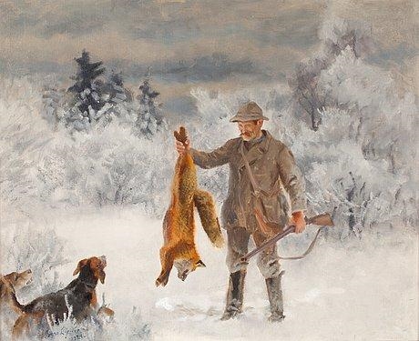 Artwork by Bruno Liljefors, Hunter with hounds and fox, Made of Canvas