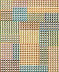 A colorful woven textile featuring a patchwork design of various textured squares.