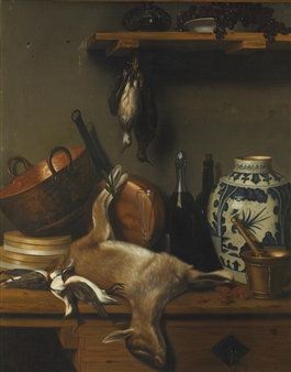 BODEGÓN CON CABRITO, CAZOS DE COBRE, JARRÓN DE TALAVERA Y... - Josefa San Román