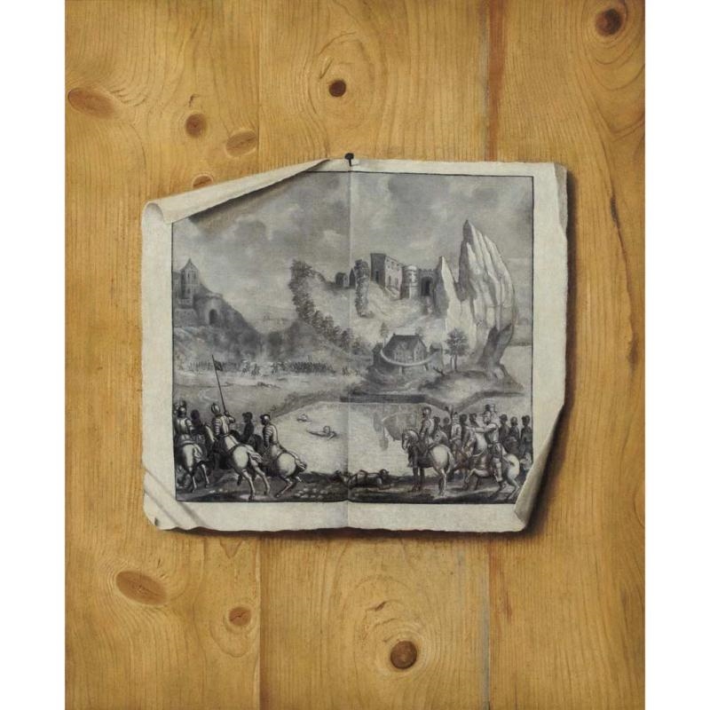 Trompe L'Oeil of an Ink Drawing Tacked to a Wall by Dutch School, 17th Century