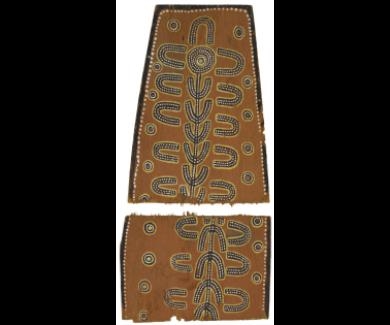 Artwork by Kaapa Tjampitjinpa, Honey Ant Travelling Dreaming, Made of natural earth pigments and bondcrete on composition board