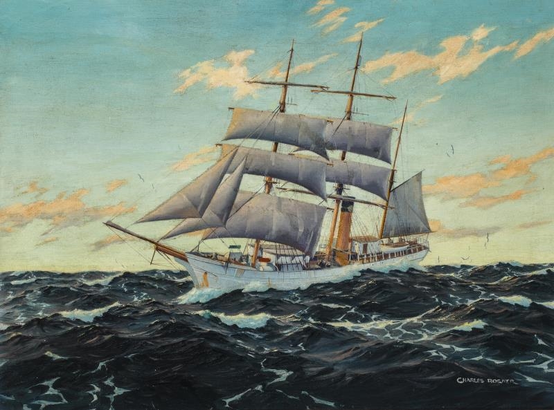 Artwork by Charles Rosner, Sunset Passage - The U.S.S. Bear at sea, Made of oil on canvas