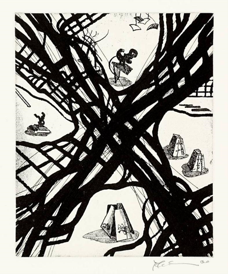 Artwork by Franz Ackermann, 6 works: HELICOPTER (MOVING SHOPPING-CENTER); LONG DISTANCE '; GRAND OPENING (SHOP TILL YOU DROP) ; IN & OUT ; HELICOPTER (MOVING PARC) ; SCULPTURE PARC, Made of etchings  on wove paper