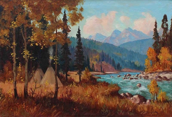 TEEPEES BY A MOUNTAIN RIVER