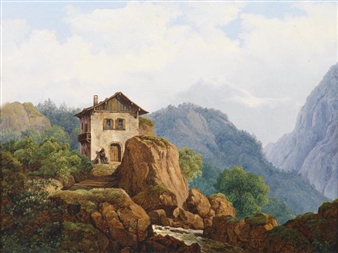 Mountain Landscape with House by a Mountain Torrent - Franz Thiel