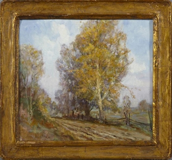 A landscape painting of a rural road winding through trees with autumn foliage.
