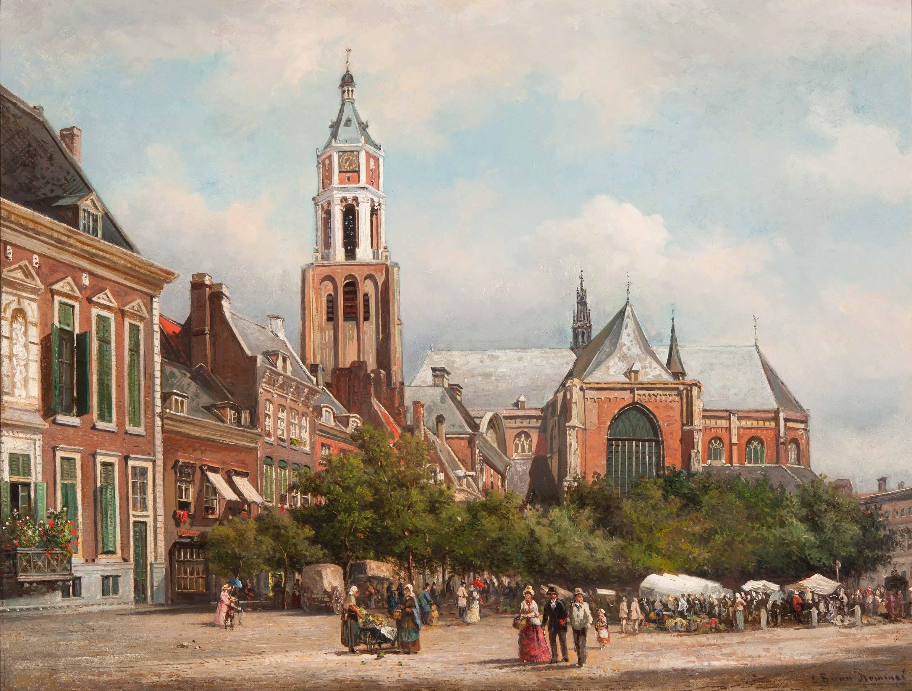 View of the Kerkplein square and the Eusebius church in Arnhem by Elias Pieter van Bommel, 1884
