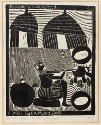 A WOMAN IS COOKING FOOD by John Ndevasia Muafangejo, 1983