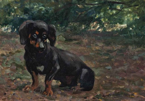 A Dachshund before a sunlit woodland glade by Gustave Muss-Arnolt