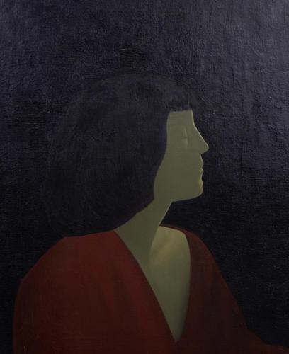 Portrait of a woman in profile, head and shoulders wearing a red dress by Jacob Kramer