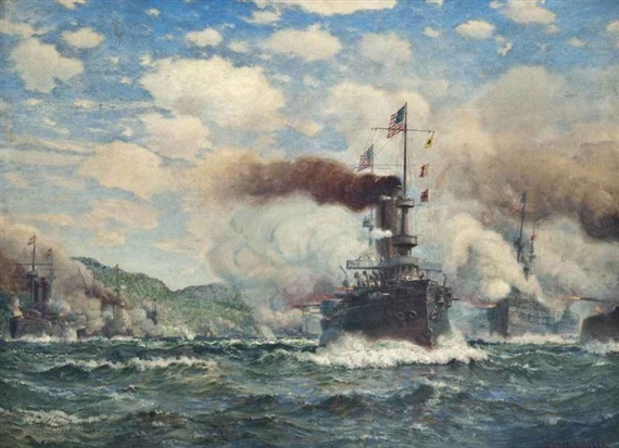 The opening engagement of the Spanish-American War (1898): The flagship of Admiral George Dewey, the U.S.S. Olympia leading the United States Asiatic Squadron into action against the Spanish Pacific Squadron, during the battle of Manila Bay, Philippines by James Gale Tyler, 1898