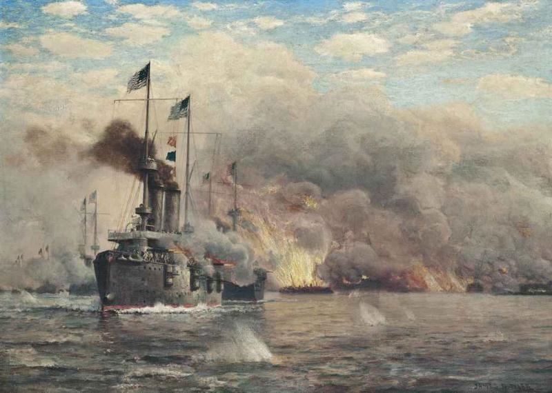 Artwork by James Gale Tyler, The concluding engagement of the Spanish-American War (1898): The flagship of Commodore Winfield Scott Schley, U.S.S. Brooklyn leading the United States fleet into action at the start of the battle of Santiago de Cuba, Made of oil on canvas