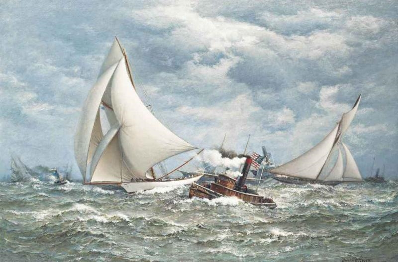 Artwork by James Gale Tyler, 'Twenty miles to windward':  The America's Cup, 1887, Volunteer versus Thistle, Made of oil on canvas