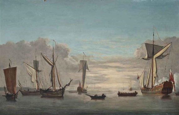 An Admiralty yacht signalling her departure from the anchorage by Francis Swaine