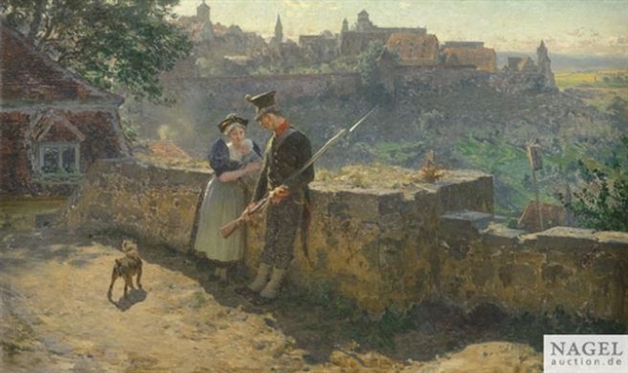 A soldier talking with a woman at a city wall by Robert Poetzelberger, 1893