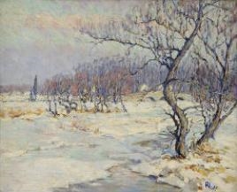Artwork by Roy Cleveland Nuse, Geddes Creek In Winter, Made of oil on board