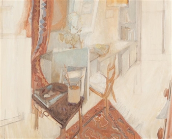 A sun-drenched interior study featuring a small table, chair, and window with soft, warm tones.