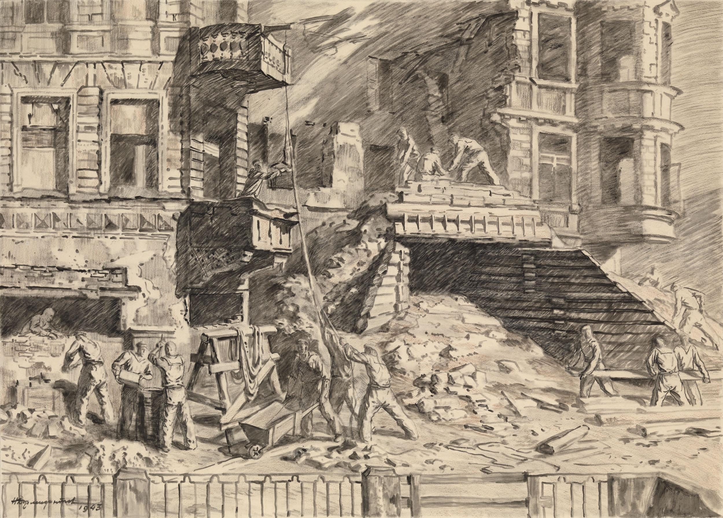 Artwork by Nikolai Dormidontov, Constructing a Gun Emplacement, Made of Pencil, charcoal, gouache and crayon on paper