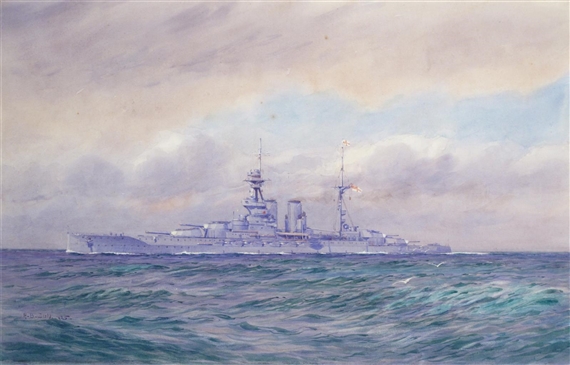 A warship at sea by Alma Claude Burlton Cull, 1925
