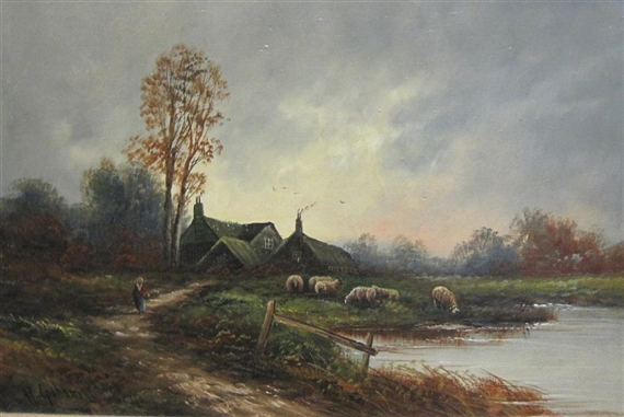 Twilight, Sheep grazing by a river, a farmstead beyond by Henry Graham