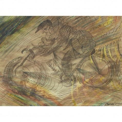 Artwork by Umberto Boccioni, MAN ON A BICYCLE, Made of Pen and ink and watercolour on paper