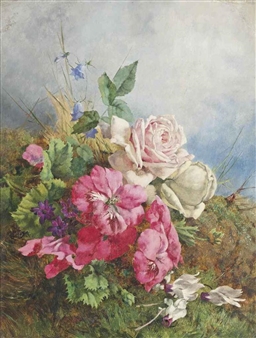 A lush floral still life featuring vibrant pink and white roses, delicate blue bellflowers, and purple blossoms arranged on a grassy mound.