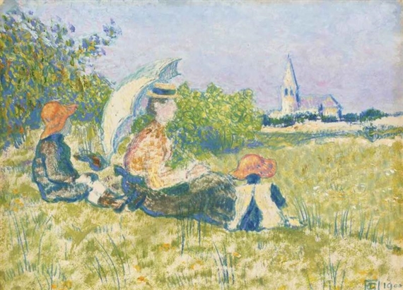 Madame Lemmen et ses enfants dans un jardin