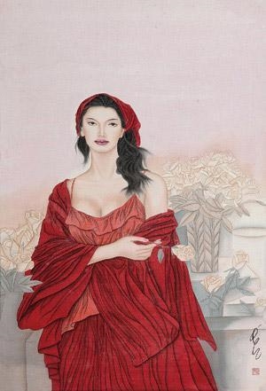 Artwork by Feng Changjiang, BEAUTY AND ROSE, Made of ink and color on silk