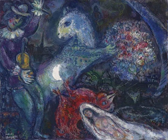 A surreal composition featuring a jester, a horse, and a reclining figure amidst vibrant colors.