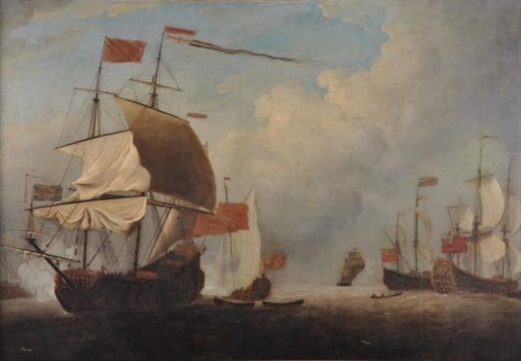 A Squadron of the Red lying in their anchorage with a flagship saluting as she prepares to depart by Francis Swaine