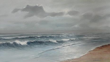 A moody seascape painting of a stormy ocean crashing onto a sandy shore under an overcast sky.
