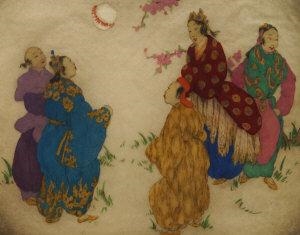 2 Works: A Group of Figures and Cherry Blossom; A Figure Playing a Musical Instrument with Cherry Blossom by Elise Ashe Lord