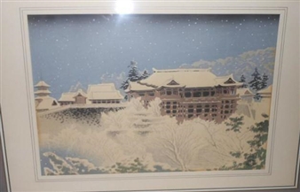 One winter scene of with foliage and a temple and lanterns lining an unseen path with a temple on a hill in the background - Uchida Bijutsu Hangashi