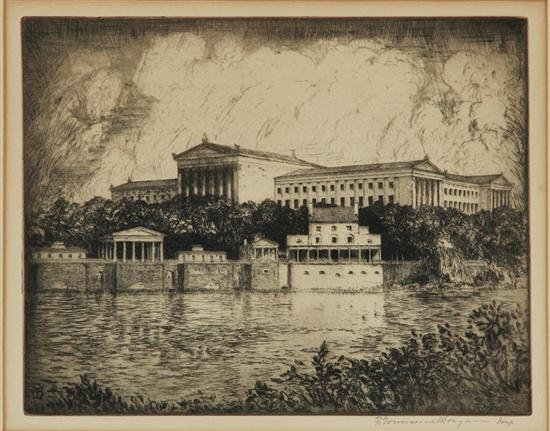 2 WORKS: PHILADELPHIA MUSEUM OF ART WITH FAIRMOUNT WATER WORKS and COVERED BRIDGE by Franklin Townsend Morgan