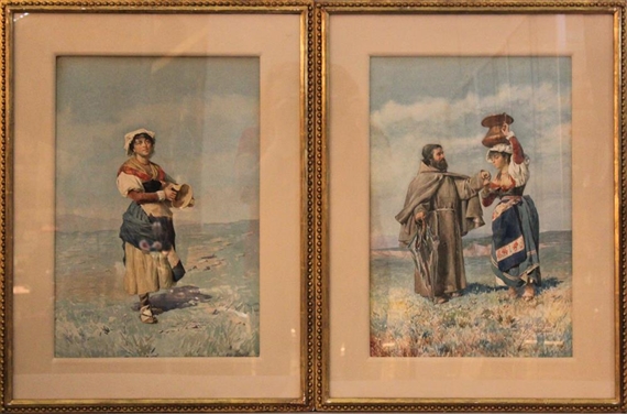 NEAPOLITAN CARRYING A JUG AND NEAPOLITAN WOMAN AND MONK by Domenico de Angelis