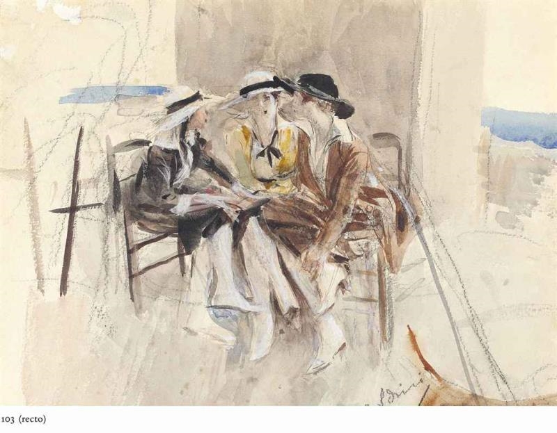 Three women in conversation on a terrace (recto); Figure studies (verso) by Giovanni Boldini