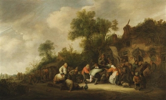 PEASANTS DANCING AND CAROUSING OUTSIDE A VILLAGE INN - Isack van Ostade