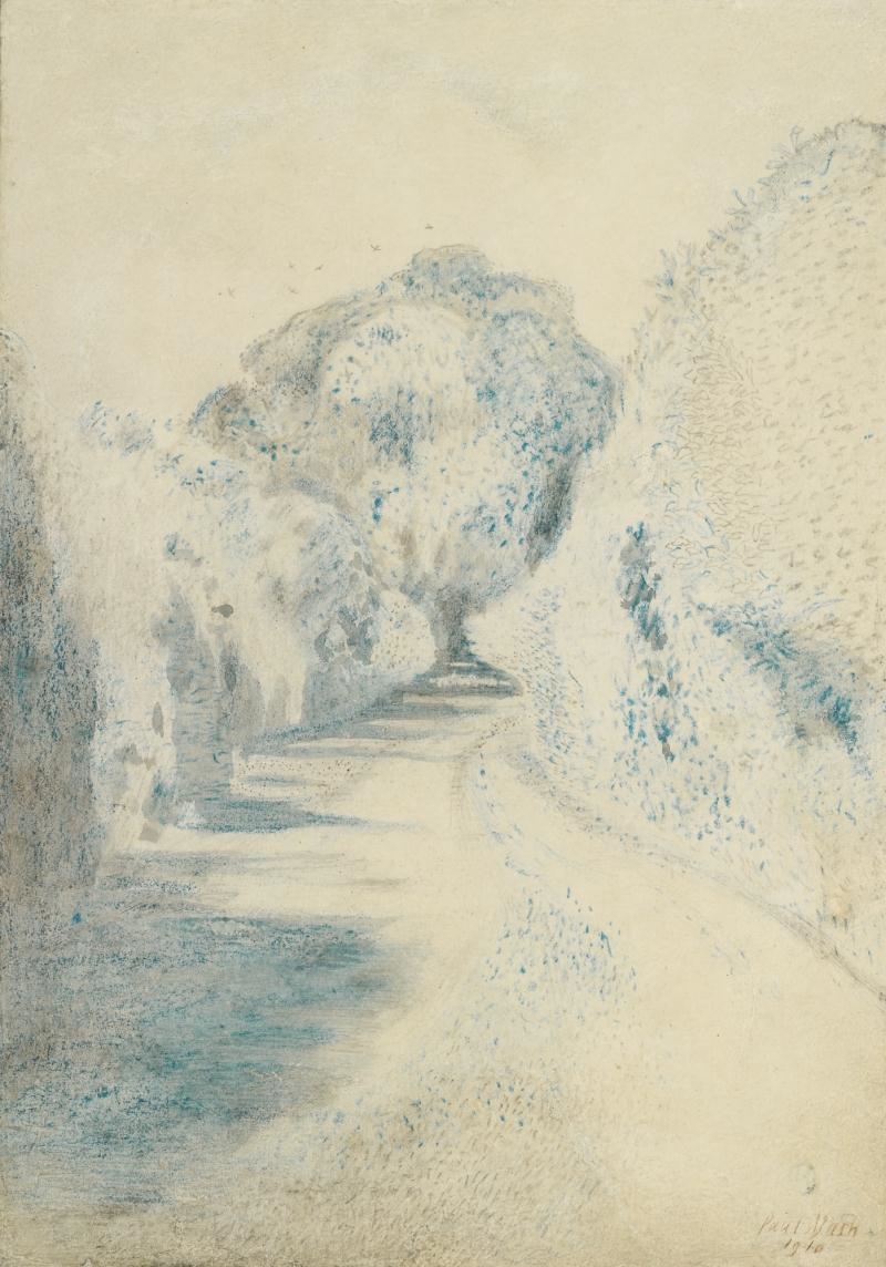 Artwork by Paul Nash, A LANE IN BLUE, Made of pencil, chalk and wash