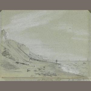 A view of Brighton Beach with figures on the shoreline