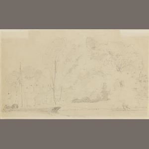 Artwork by John Constable, A river landscape with a barge before barns, elms and ash trees, with a country house to the right, Made of pencil on paper