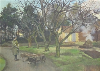 5 Works: Autumn Bonfire; Canal Lock; Bridge Over a Canal; Street Scene Montgomery; A Footbridge Over a River - Kenneth Proctor