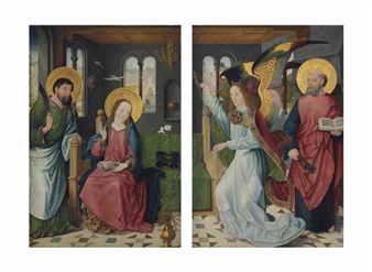 The Annunciation, with Saints Bartholomew and Peter - two wings from an altarpiece - Master of the Holy Kinship