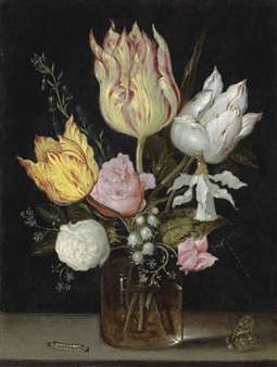 Tulips, roses, bluebells, Narcissus tortuosis, forget-me-nots, lily of the valley and cyclamen in a flask on a stone ledge with a caterpillar, butterfly and dragonfly - Ambrosius Bosschaert the Elder