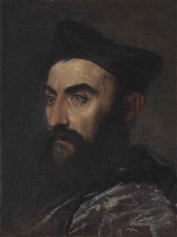 Portrait of a cleric, bust-length, in a blue coat and black hat - a fragment - Titian