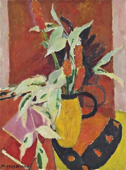 Still life with flowers and yellow jug by Mildred Bendall