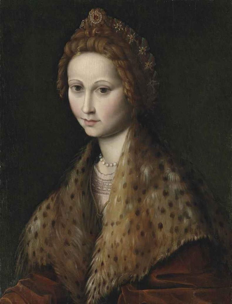 Artwork by Francesco Bacchiacca, Portrait of a lady, half-length, in a red coat with a leopard-fur mantle, pearls and jewels in her hair, Made of oil on panel