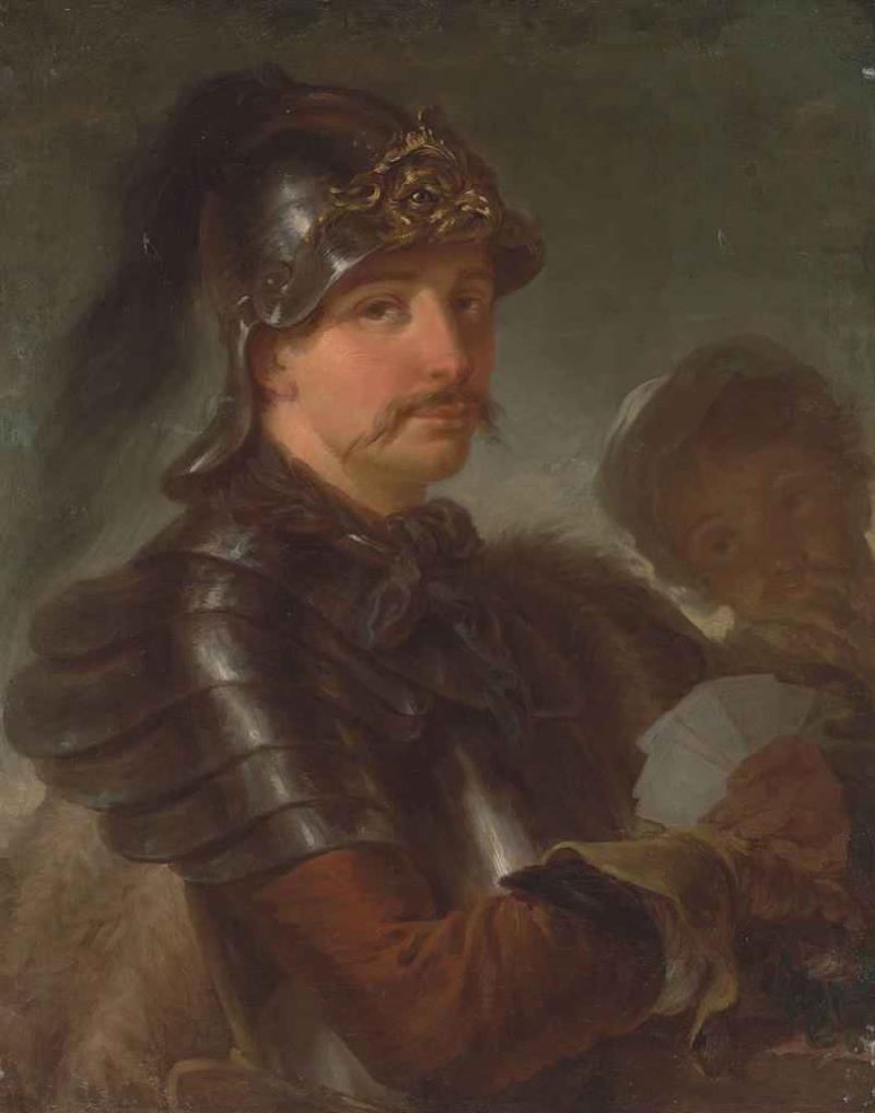 PORTRAIT OF A MAN, HALF-LENGTH, IN ARMOUR, WEARING A HELMET AND A FUR CAPE, HOLDING A SET OF PLAYING CARDS IN HIS LEFT HAND, WITH ANOTHER FIGURE AT HIS SIDE by Stefano Torelli