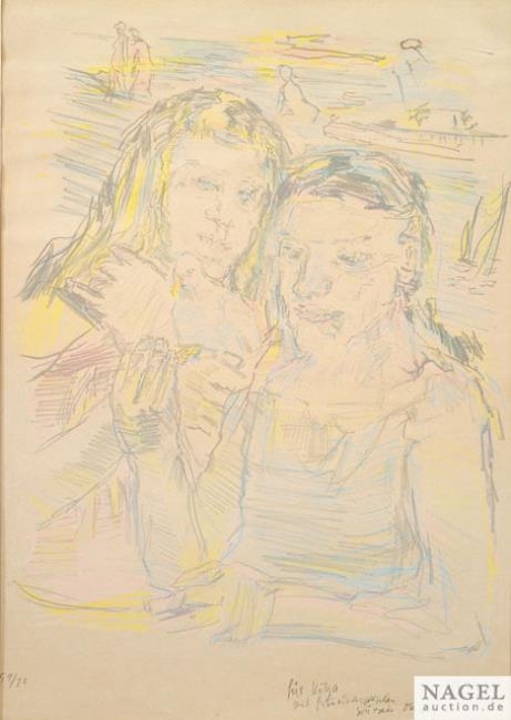Artwork by Oskar Kokoschka, Zwei Mädchen mit Taube, Made of Lithograph