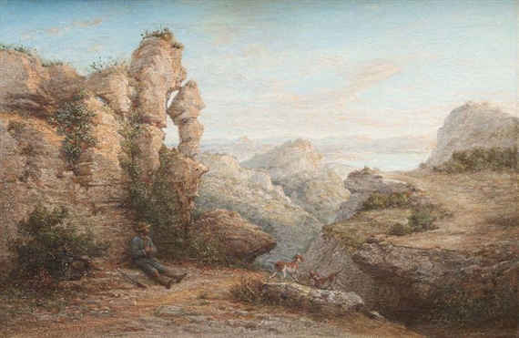 Chasseur et chien dans un paysage by Jean-Baptiste-François Arnaud-Durbec