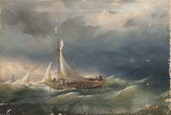 Voilier rentrant au port dans la tempête by Lev Felixovich Lagorio, 1850